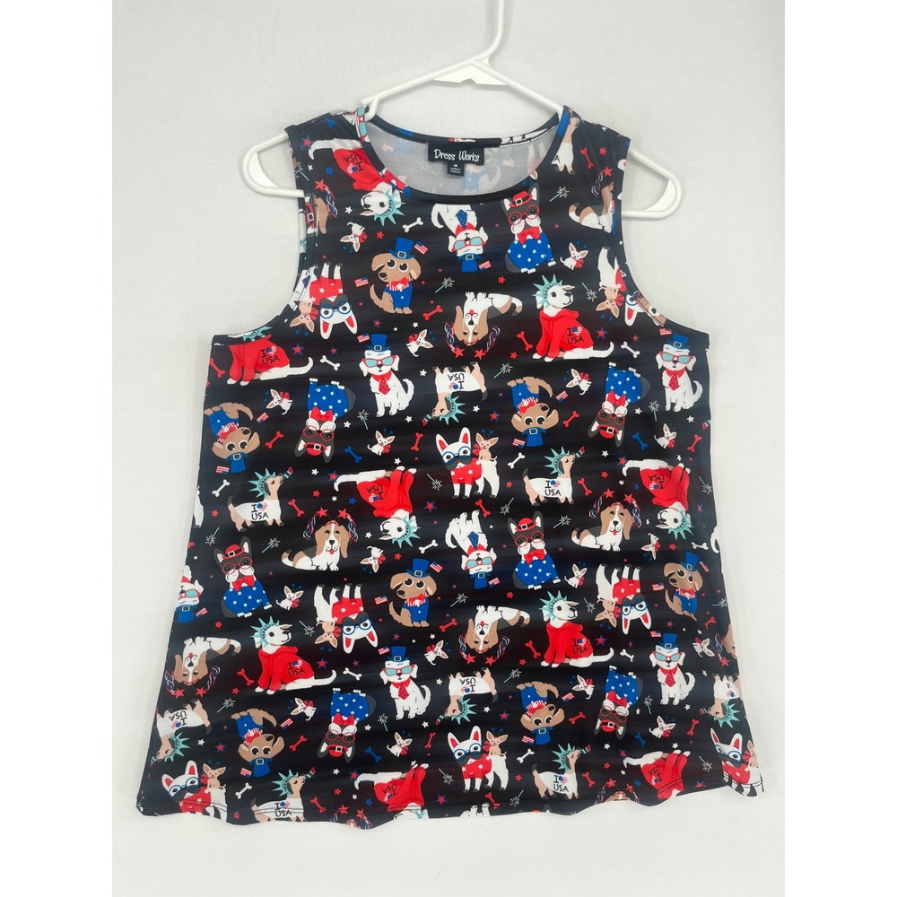 Dress Works Womens Medium Patriotic Dog Print Sleeveless Top Tank Black USA M